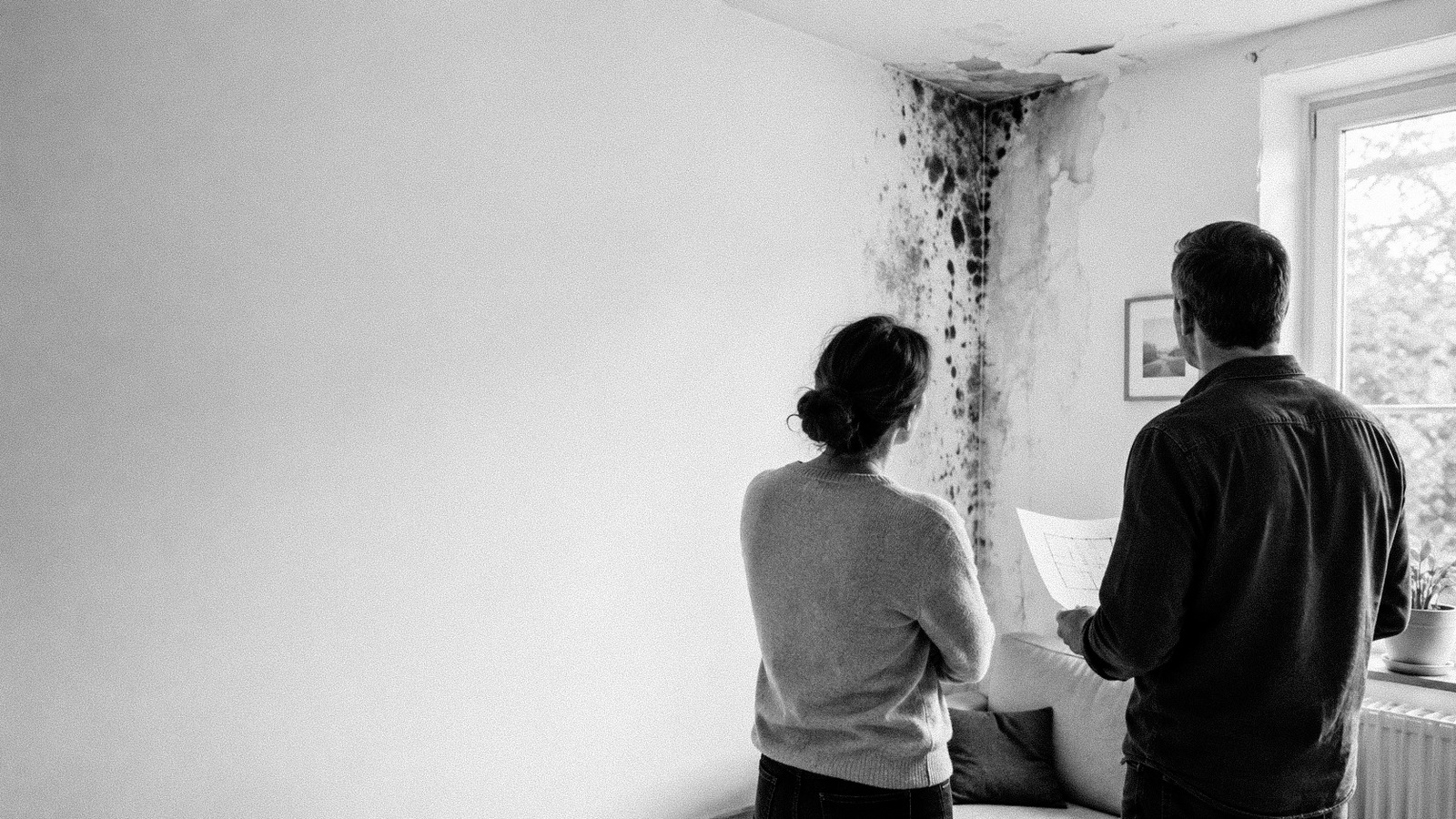 Ehepaar begutachtet Schimmelecke an der Wand – Schimmelanalyse Bausachverstand Hewel